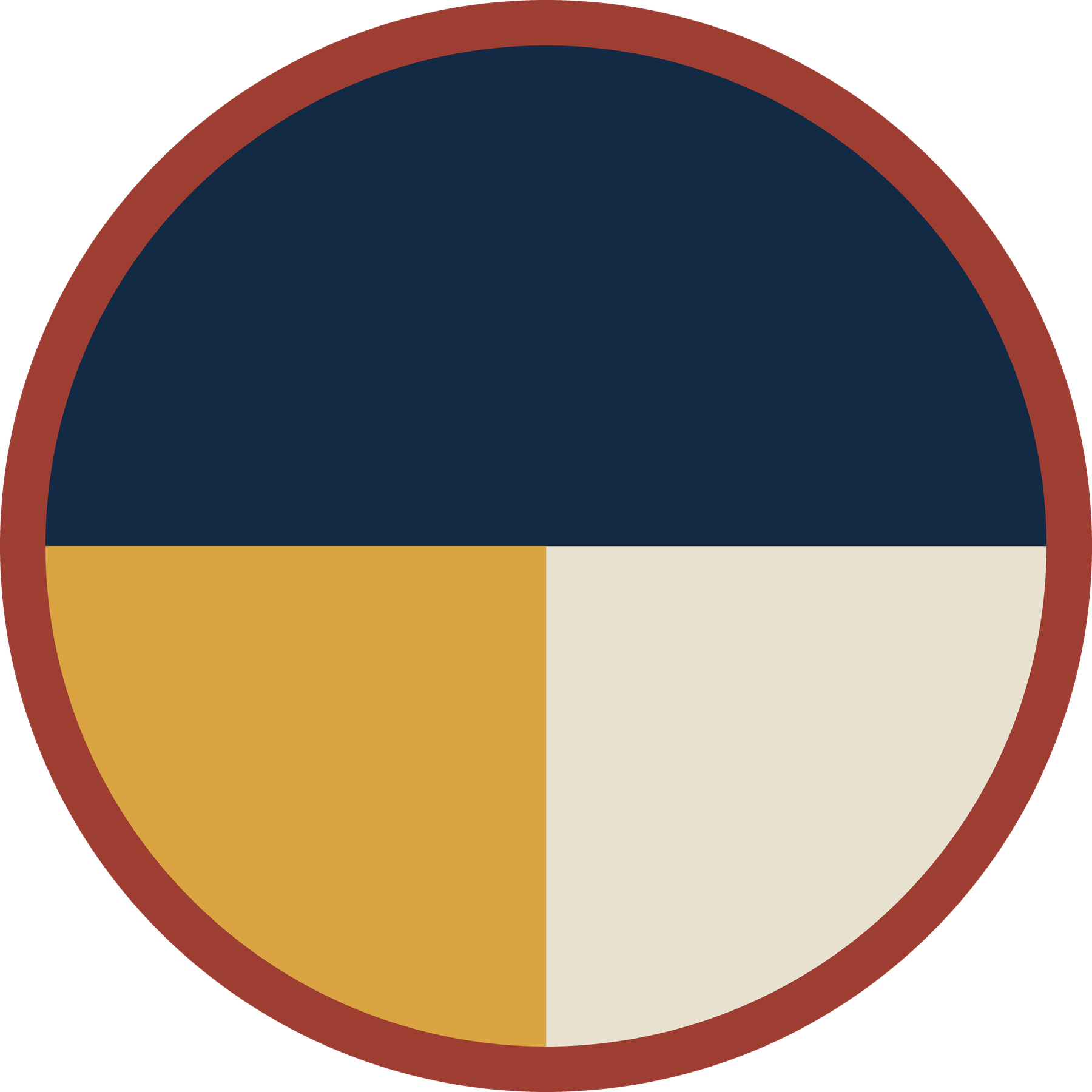 Original abstract patch concept: a navy, gold and cream circle with a brick-red border